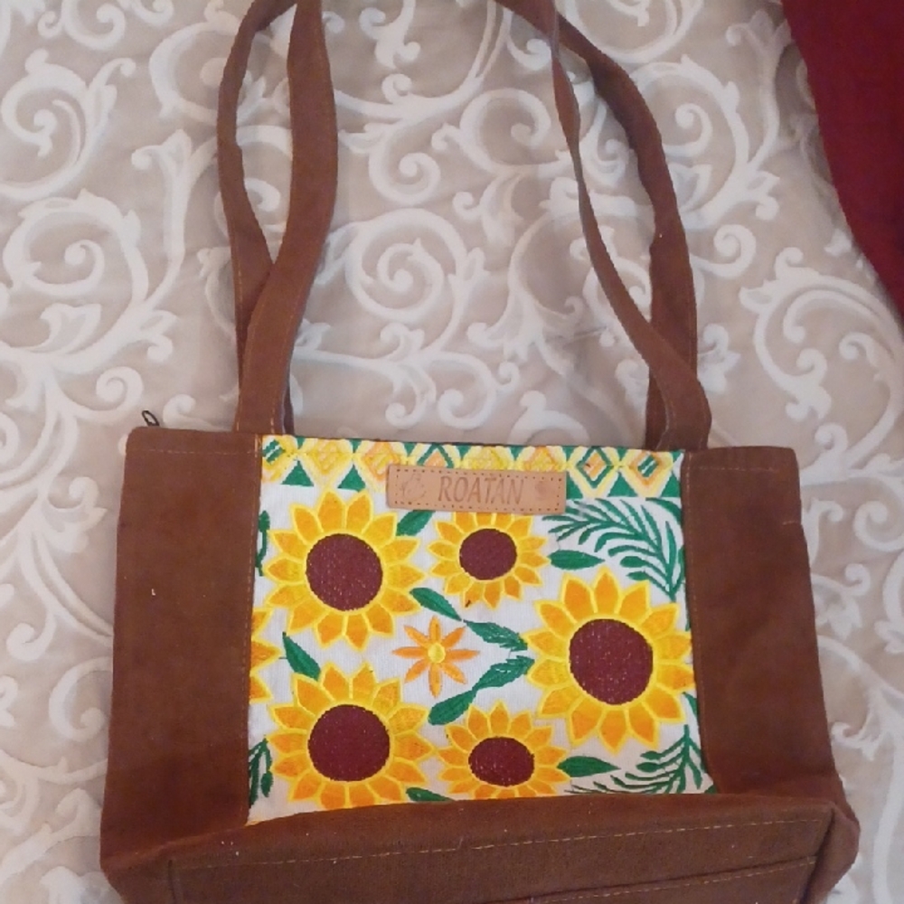 Sunflower Patterned Brown Shoulder Bag - image 1